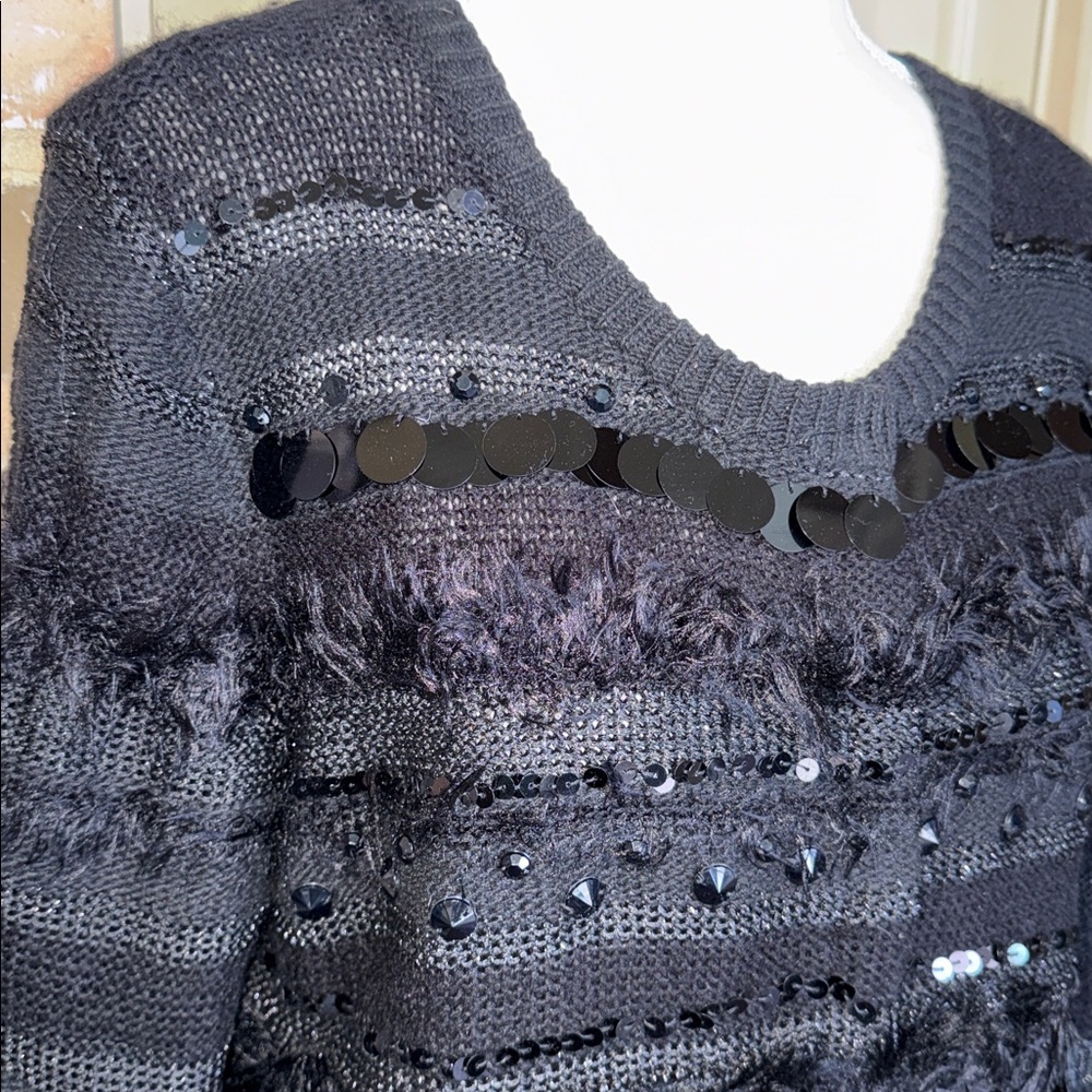Ruby Rd Black Sequin & Bead Mixed Texture Cardigan Sweater Fuzzy Stripe Sz LG - Picture 2 of 12